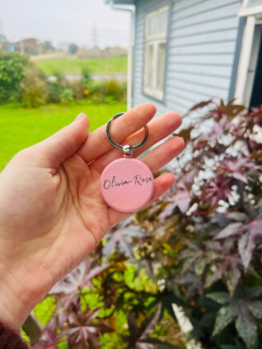 Rustic Image Transfer on Keychain (Pink or Blue Background)