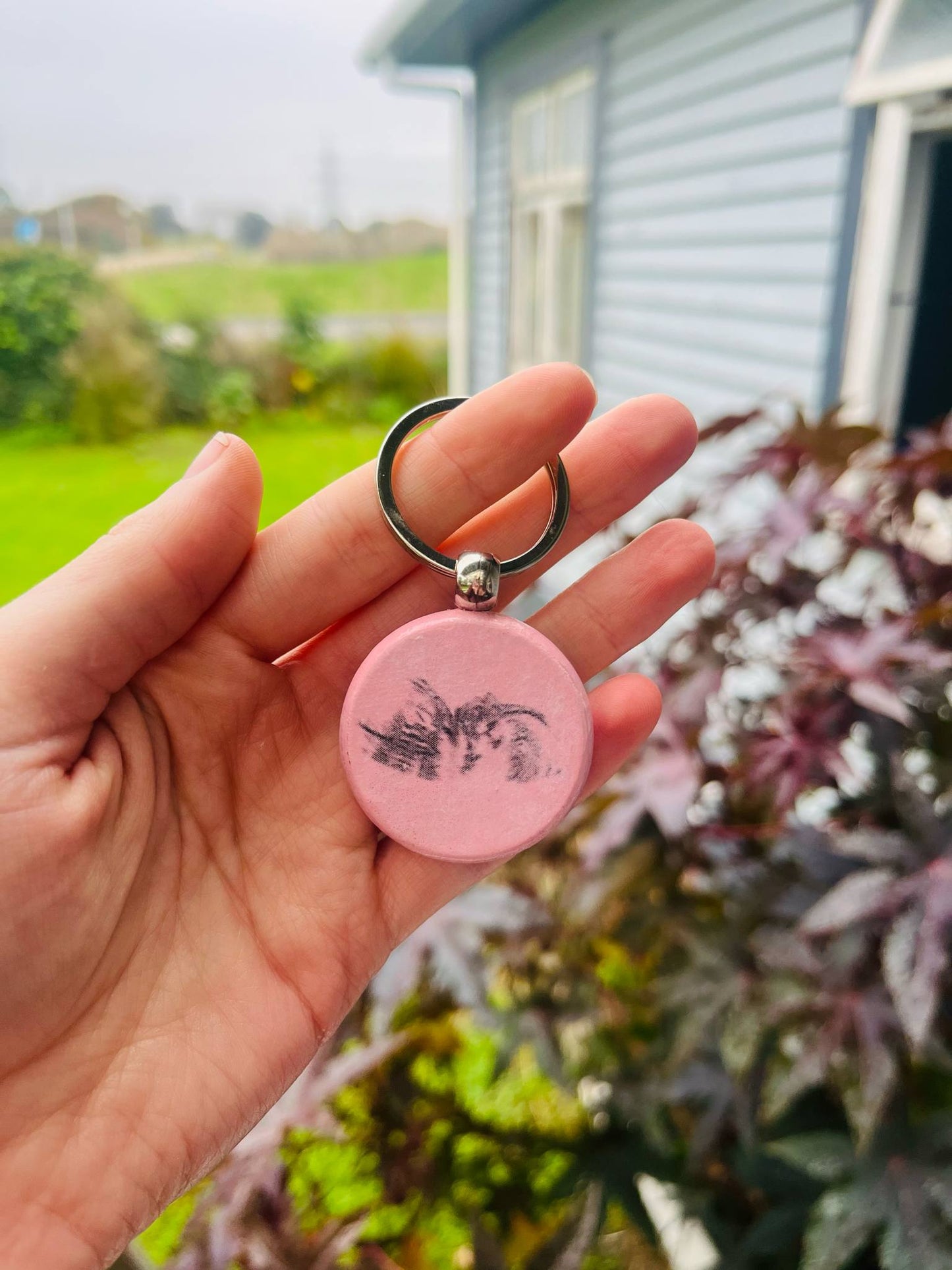 Rustic Image Transfer on Keychain (Pink or Blue Background)